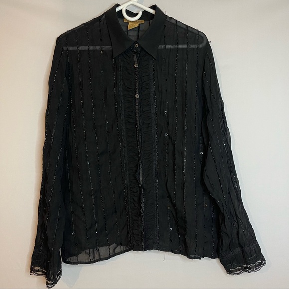 Notations Tops - Notations Whimsigoth Sheer Button Up Lace sequins Blouse L Black Academia Witchy